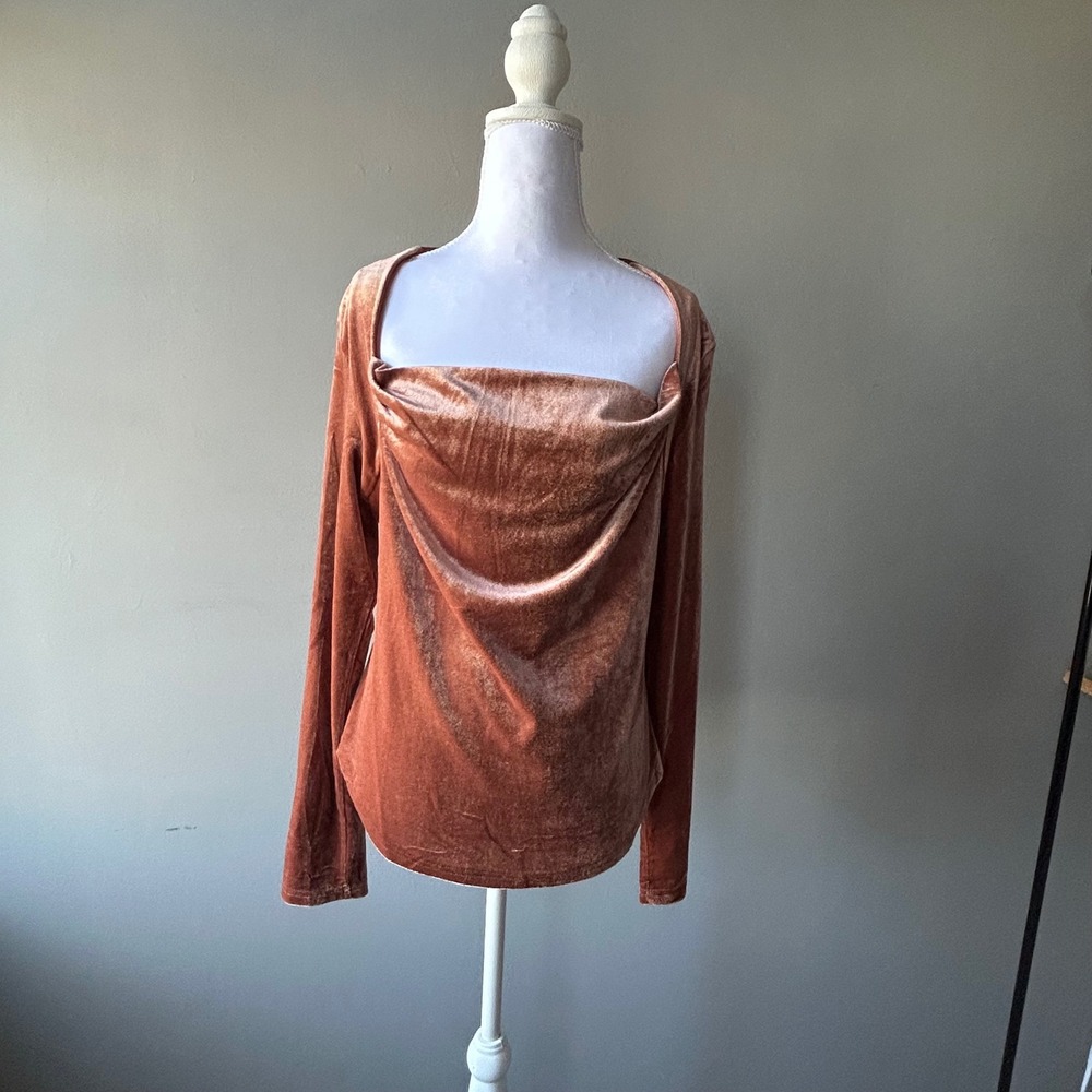 Bohme Terracotta Velvet Square Neck Long Sleeve Top Rust Orange BHM260 Large